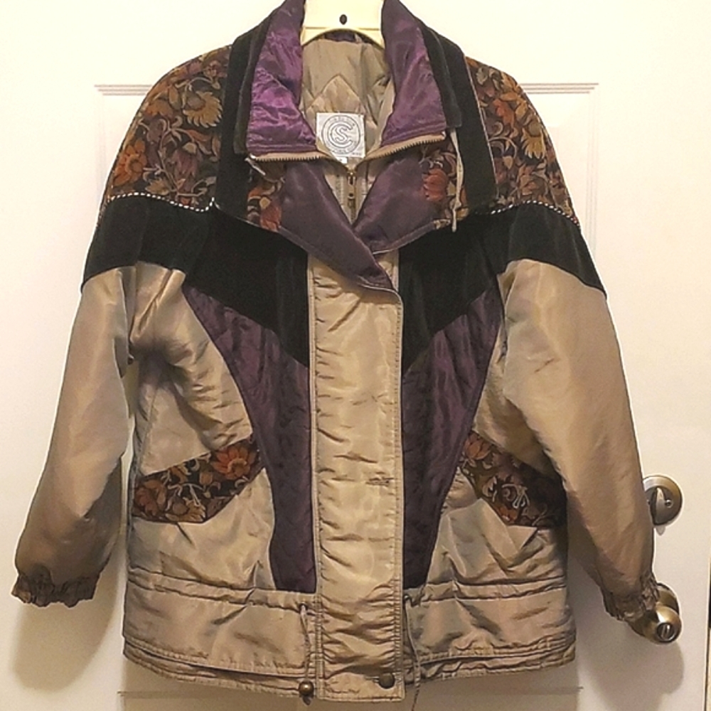Vintage 80s Women's Purple & Floral Winter Coat